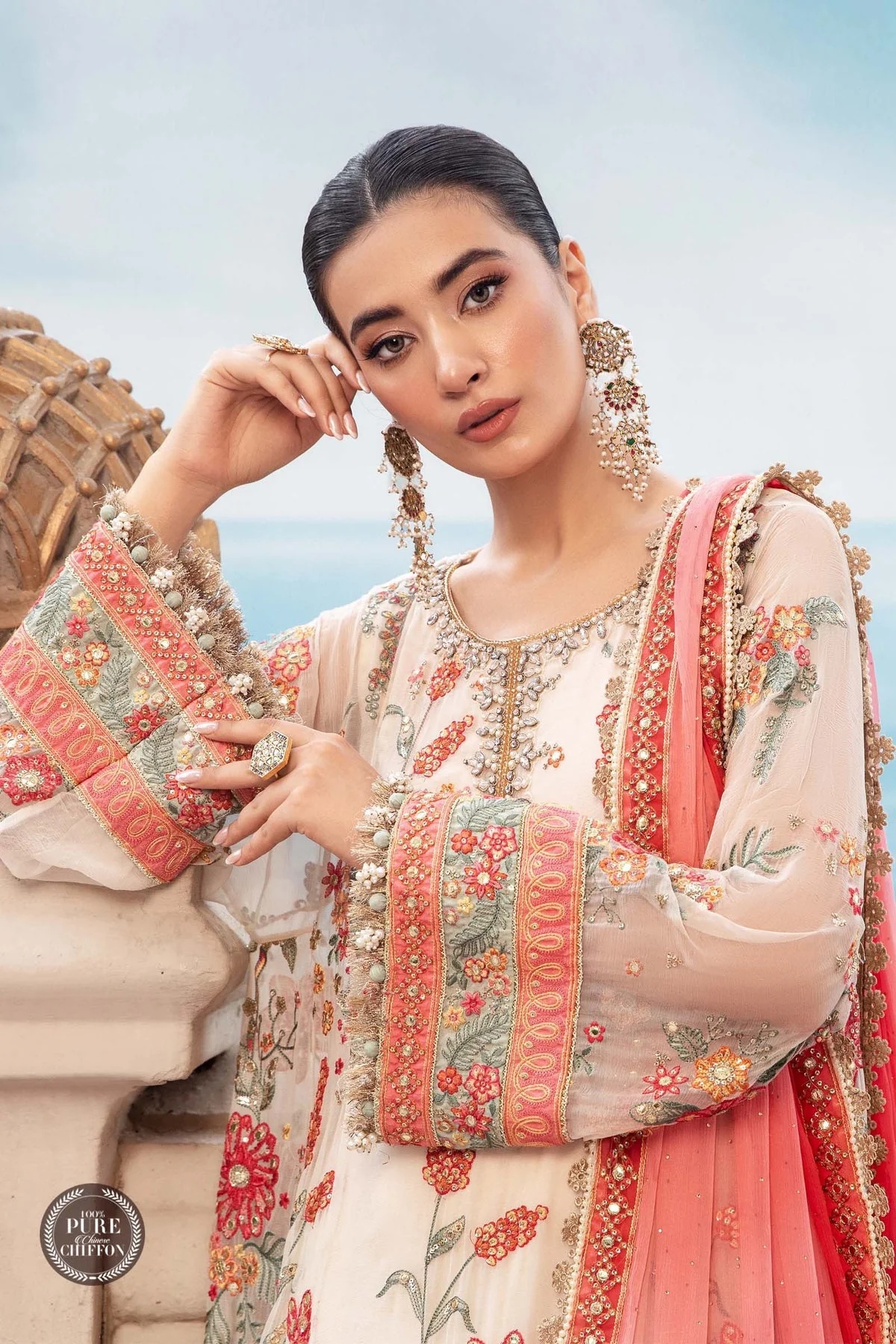 MPC-23-106 Cloud White Floral pakistani fashion outfit in white tones.